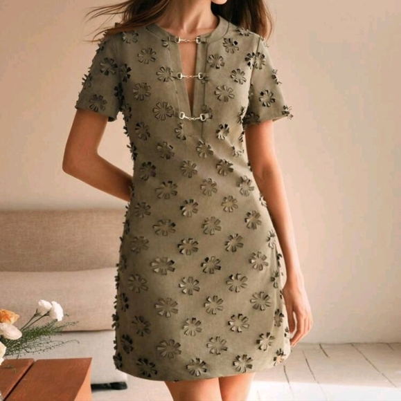Women's Metal Decor Button 3D Laser Engraved Elegant Mini Dress - Picture 1 of 4
